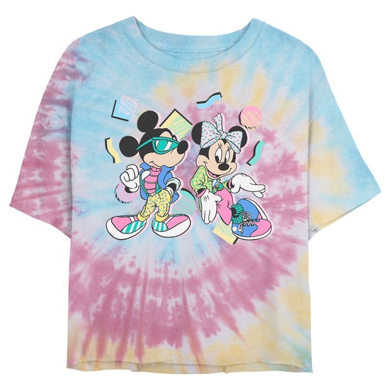 Juniors Womens Mickey & Friends 80s Minnie and Micky Mouse T-Shirt, 1 of 5