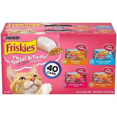 Purina Friskies Prime Filets Surfin' & Turfin' Favorites with Chicken,Tuna, Salmon, Fish and Beef Wet Cat Food - 5.5oz/40ct Variety Pack