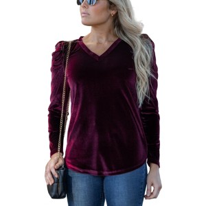 Amaryllis Women's Long-Sleeve Velvet Top with V-Neckline Statement Shoulder Detail Soft Luxe Fabric - 1 of 4