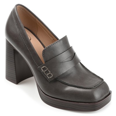 Journee Womens Ezzey Loafer Mid Stacked Heel Square Toe Pumps