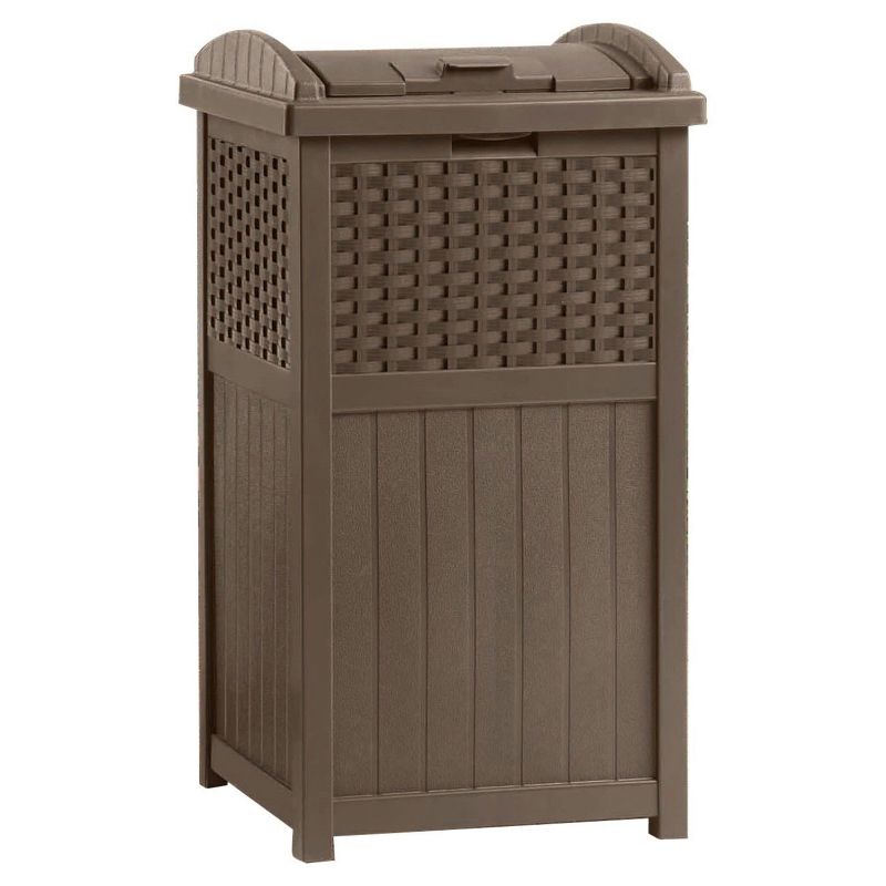 Suncast 73 Gallon Deck Box & Wicker Trash Hideaway Outdoor Garbage Bin, Java, 5 of 7