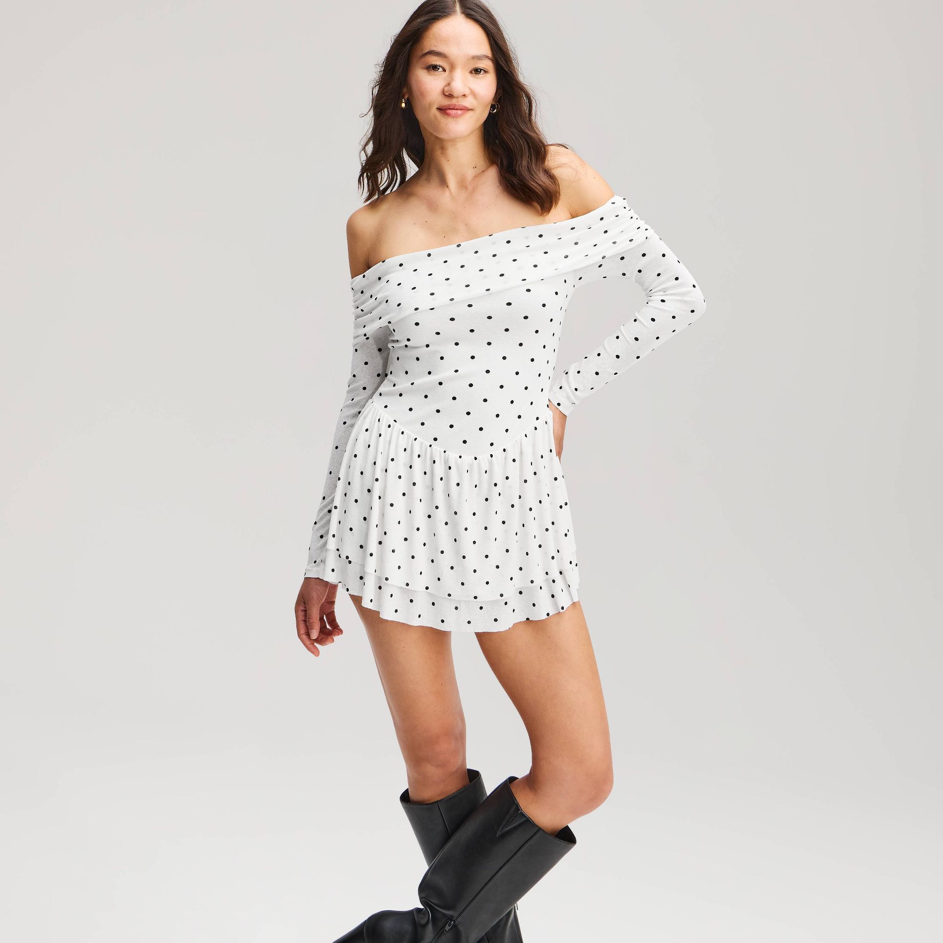 Women's Off the Shoulder Drop-Waist Romper - Wild Fable™ White Polka Dots L