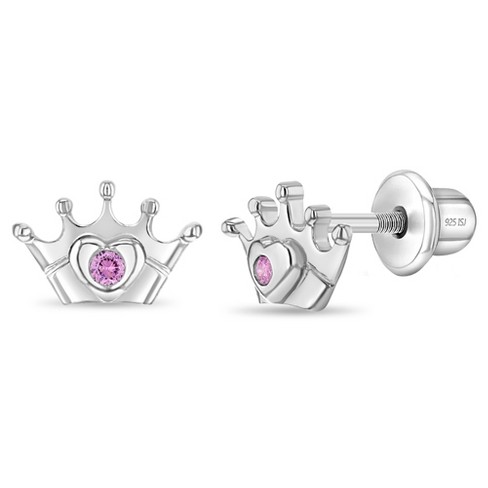 Girls' 3 Point CZ Crown Screw Back 14K Gold Earrings - in Season Jewelry