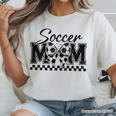 Soccer Mom Coquette Bow Retro T-Shirt, Stylish Game Day White Tee for Trendy and Proud Sports Mothers| OrnamentallyYou