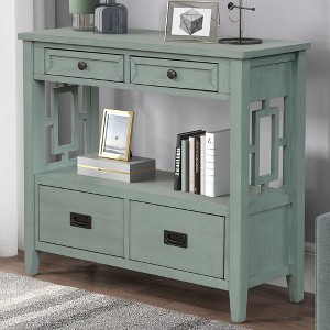 Farmhouse Pine Wood Console Table with 4 Drawers & 1 Storage Shelf - Ideal for Entryway, Living Room, Bedroom, Hallway, Kitchen - 1 of 4