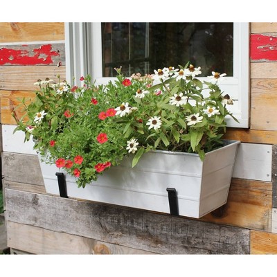 Medium White Galvanized Steel Flower Box with Wall Brackets