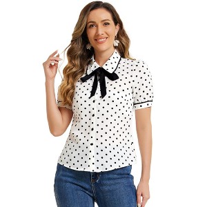 Allegra K Women's Polka Dots Peter Pan Collar Tie Neck Short Sleeve Shirt - 1 of 4