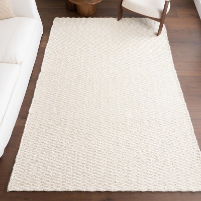 Ivory Chevron Handwoven Wool Square Area Rug, 5' x 8'