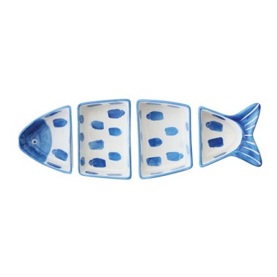 4pc Stoneware Fish Shaped Serving Bowl Set Blue/White - 3R Studios