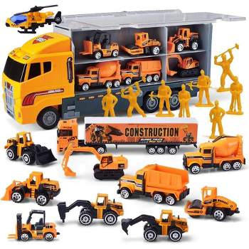 19 in 1 Die-cast Construction Toy Truck, Mini Construction Vehicles in Big Carrier Truck, Patrol Rescue Helicopter for Boys Kids Easter Gifts