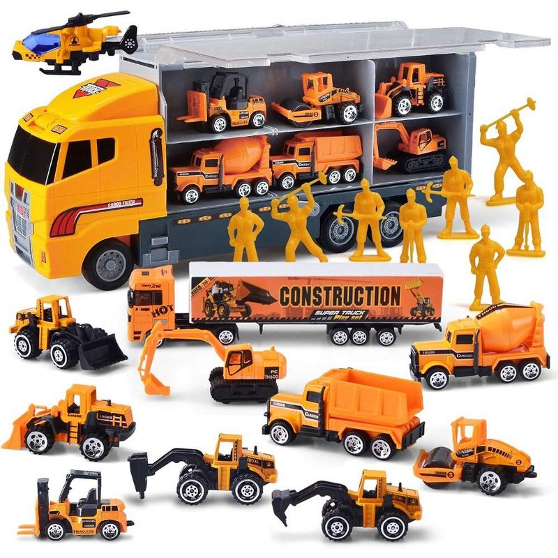 19 in 1 Die-cast Construction Toy Truck, Mini Construction Vehicles in Big Carrier Truck, Patrol Rescue Helicopter for Boys Kids Easter Gifts, 1 of 9