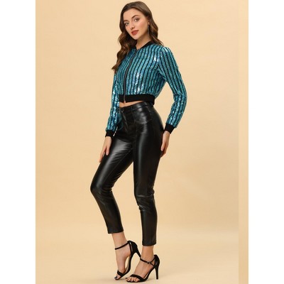 INSPIRE CHIC Women's Glitter Sparkle Long Sleeve Front Zip Party Shiny Crop Bomber Sequin Jackets Blue Small — фото 3