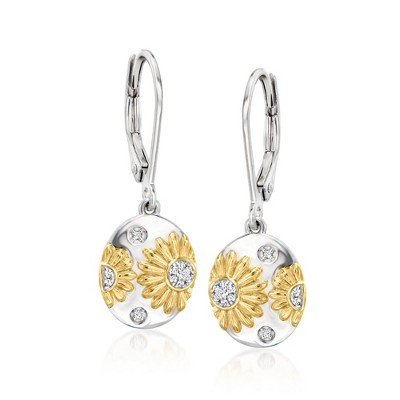 Ross-Simons Diamond Sunflower Drop Earrings in Sterling Silver and 18kt Gold Over Sterling