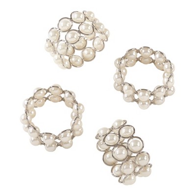 Ivory Faux Pearl Beaded Design Wedding Special Napkin Ring Set of 4 - Saro Lifestyle