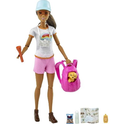 Barbie Hiking Doll Set, Brunette with Puppy & 9 Accessories Including Backpack Pet Carrier, Map, Camera & More