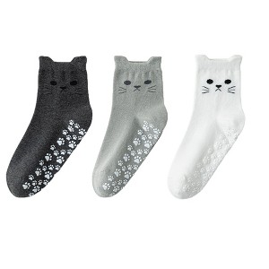 Anna-Kaci Women's Cat Face Grip Socks with Paw Print Anti-Slip Sole Soft Knit Ankle Socks for Home or Yoga 3-Pack - 1 of 4