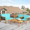 Tangkula 4PCS Patio Acacia Wood Furniture Set PE Rattan Conversation Set w/ Turquoise Cushions - 4 of 4