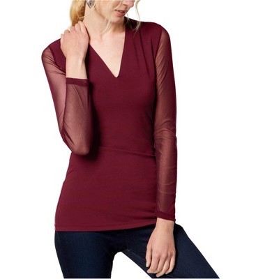 I.N.C International Concepts Womens Illusion Knit Blouse, Red, Small