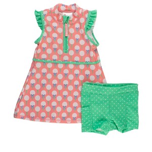 RuffleButts Toddler Girls UPF50+ Sleeveless Zip Ruffle Sleeve Active Dress - Pink Tee Time, 4T - 1 of 4