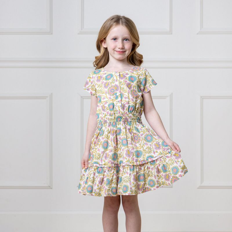 Hope & Henry Girls' Organic Short Sleeve Split Neck Tiered Dress, Kids, 2 of 11