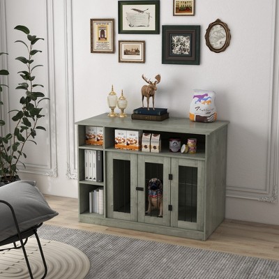 Gray Medium Wooden Dog Crate with Storage Shelves