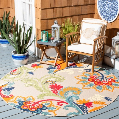Ivory and Blue Floral Round Reversible Synthetic Rug