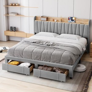 Bed Frame with Headboard, Wooden Bed Frame with Storage Headboard and Charging Station,Beige/FULL - 1 of 4