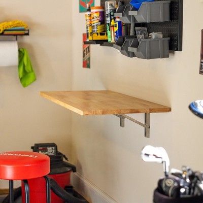 Natural Wood Foldable Wall-Mounted Workbench with Stainless Steel Frame