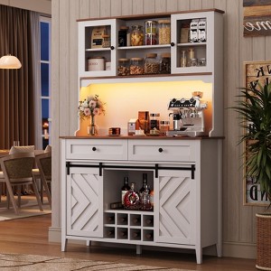 EcoSummer 72" Sliding Barn Door Coffee Bar Cabinet, LED Kitchen Buffet with Wine Storage, Charging Station, 2 Drawers & 8 Storage Shelves for Dining - 1 of 4