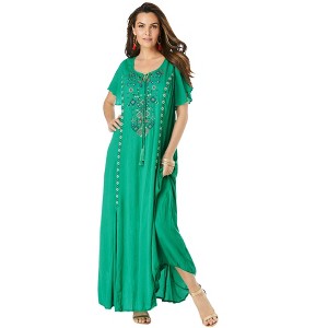 Roaman's Women's Plus Size Aline Embroidered Crinkle Maxi Dress - 1 of 4