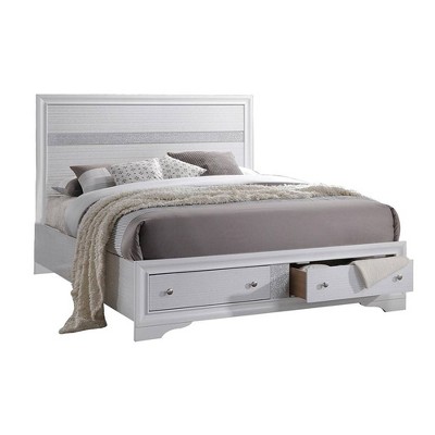 Naima White Queen Storage Bed with Wood Headboard and 2 Drawers