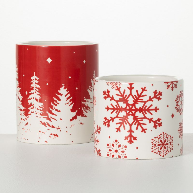7"H and 5"H Sullivans Pine and Snowflake Planter - Set of 2, Red, 1 of 5