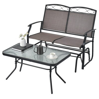 Tangkula 2 PCS Patio Glider Conversation Set Outdoor Loveseat Glider Chair w/ Tempered Glass Coffee Table