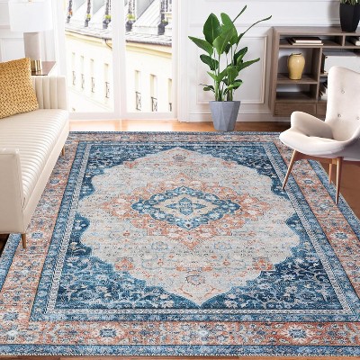 Vintage Area Rugs Washable Living Room Rug Oriental Medallion Floor Cover Non-Slip Low Pile Distressed Carpet Ultra-Thin Throw Rugs