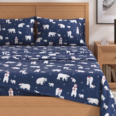 Full Size Navy Polar Bear Cotton Flannel Sheet Set