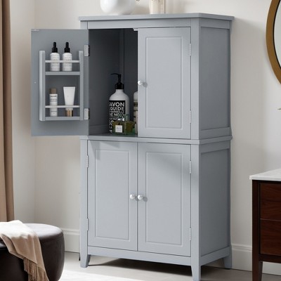 Elegant Bathroom Floor Storage Cabinet, Bathroom Storage Unit, Freestanding Cabinet with 4 Doors, Adjustable Shelves - Leovsnove