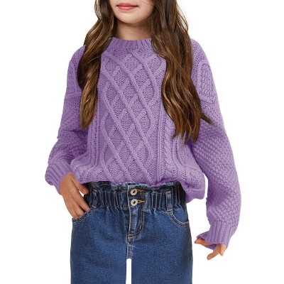 Girls Long Sleeve Cable Knit Sweater Crewneck Pullover Sweaters Kids Chunky Cute Fall Jumper Tops