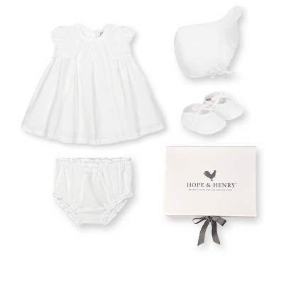 Hope & Henry White Special Occasion Linen Dress and Bonnet, Linen Bow Soft Shoe - Boxed Gift Set,  3-6 Months
