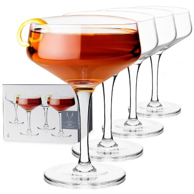 Viski Raye Angled Stemmed Vintage Coupe Glasses Set of 4 - Premium Crystal Clear Cocktail Glasses & Champagne Coupe Drinks Gift Set - 7oz