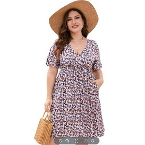 Coolmee Women's Plus Size Wrap V Neck Short Ruffle Sleeve A Line Midi Dress - 1 of 2