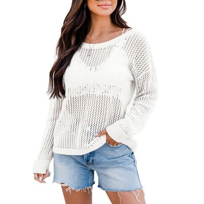 Sheer Tops for Women Summer Breathable Pullover Sweater Crochet Tops Long Sleeve Hollow Out Beach Summer Sweater Beach Cover Ups