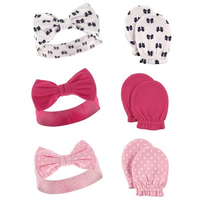 Hudson Baby Infant Girl Cotton Headband and Scratch Mitten 6pc Set, Bows, 0-6 Months