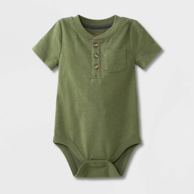 Image of Baby Boys' Henley Jersey Pocket Short Sleeve Bodysuit - Cat & Jack™ Olive Green/Gray Newborn