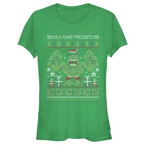 Juniors Womens Marvel Ugly Christmas Hulk Want Presents T-Shirt - 1 of 3