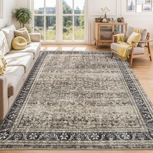 Faux Wool Vintage Distressed Floral Printed Area Rug  Ultra Thin Machine Washable Non Slip Stain Resistant Non Shedding Pet Friendly Floor Rug - 1 of 4