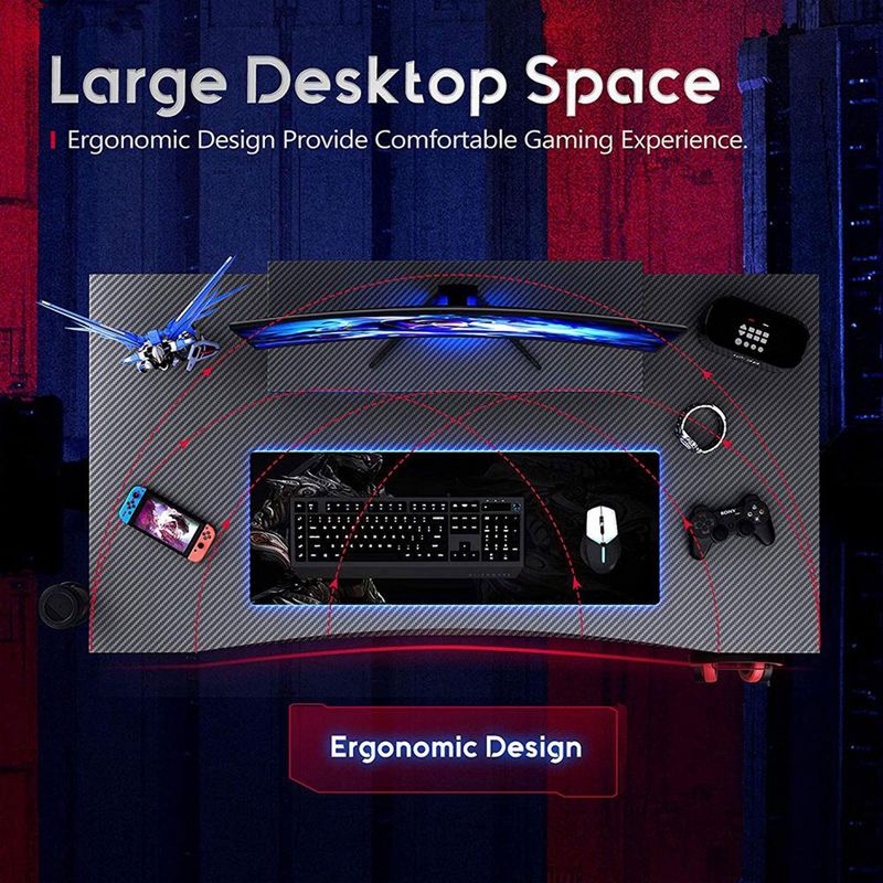 MOTPK Carbon Fiber Computer Gaming Desk with Raised Monitor Shelf, Built In Cup Holder, Headphone Hook, and Sturdy Y-Shaped Metal Frame, 3 of 7