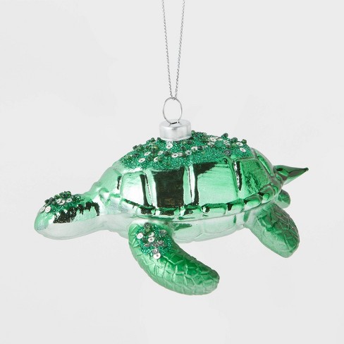 79-80468 December Diamonds Green Sea Turtle Glitter Glass Christmas Ornament 
