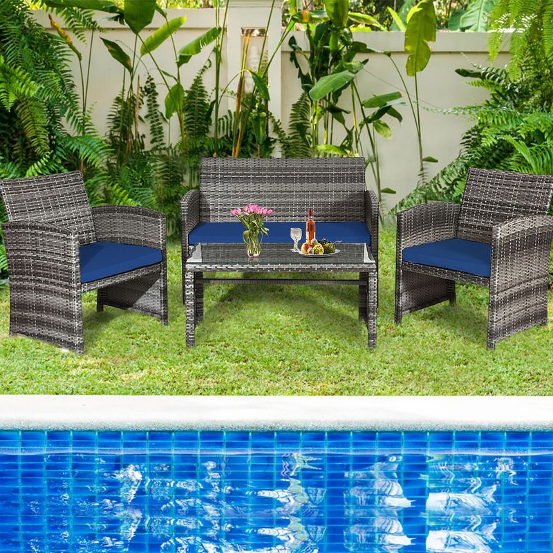 Costway 4PCS Patio Rattan Furniture Set Conversation Glass Table Top Cushioned Turquoise\Red, 2 of 13