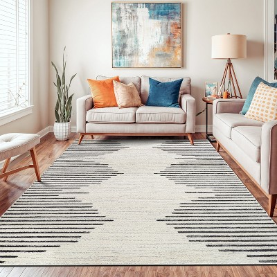 Cream and Black Geometric Stripe Synthetic Area Rug 7'10" x 10'
