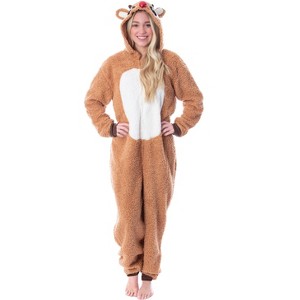 Seven Times Six Rudolph The Red Nosed Reindeer Unisex Adult Fleece Union Suit Pajama Sleepwear Brown - 1 of 4